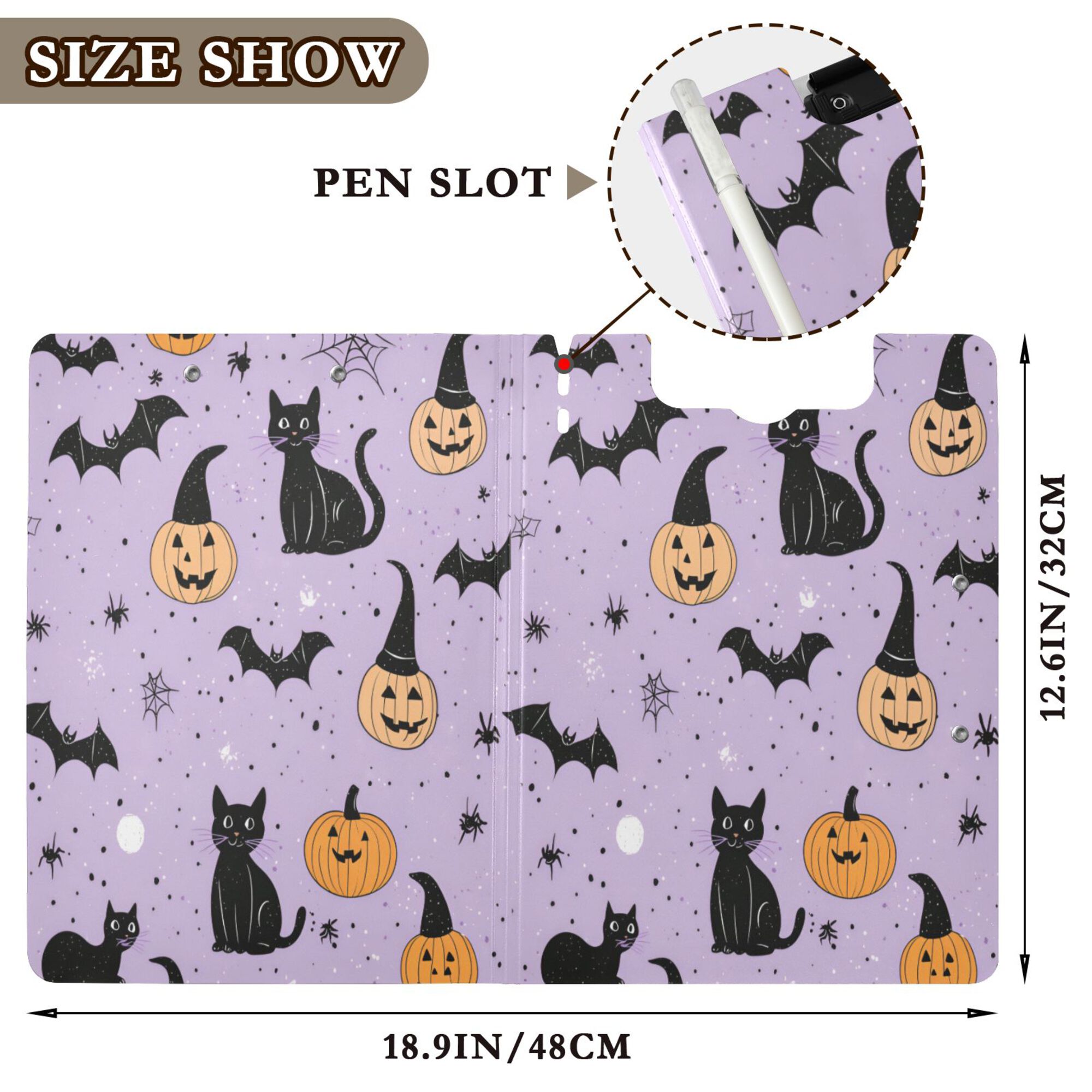FORMRS A4 Clipboard Folder with Pen Holder Horizontal Foldable School Office Binder, Light Purple Halloween Black Cat