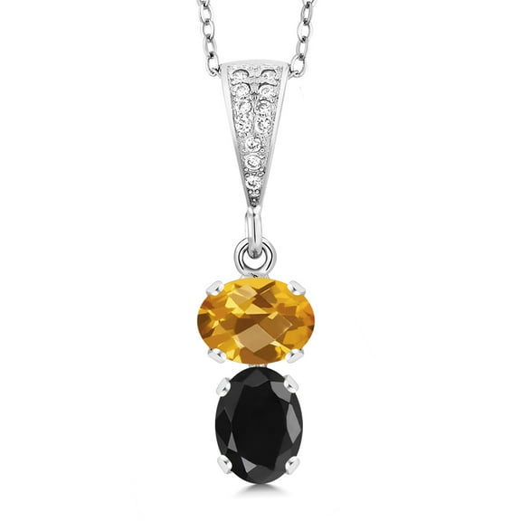 Gem Stone King 925 Sterling Silver Yellow Citrine and Black Sapphire Pendant Necklace for Women (2.98 Cttw, Gemstone November Birthstone, Oval Checkerboard 8x6MM, with 18 inch Chain)