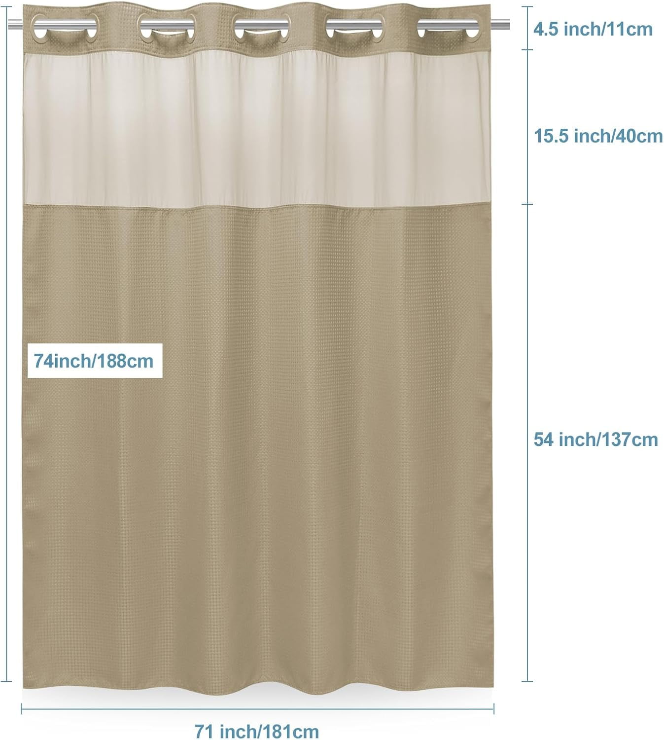Zrodlmo No Hook Fabric Shower Curtain with Snap Lining, Waffle Waterproof and Mildew Resistant Bathroom Curtain, 72" x 74", Khaki