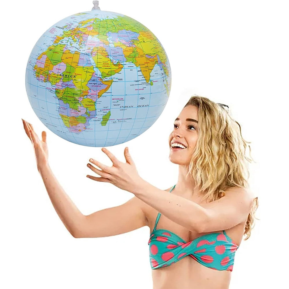 Inflatable Earth Beach Topographic Map Globe, 16 Inches Earth Blow Up World Globe, English Beach Ball Teaching Stand Glob, World Glob Ball for Kids School Classroom Geography Party