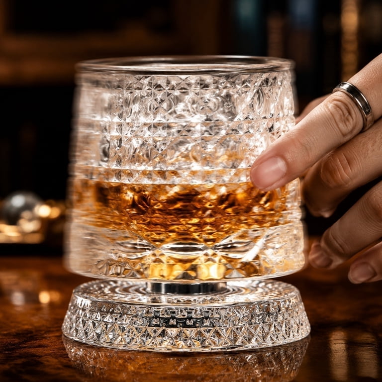 Rotating Whisky Glass – 9 oz 360° Spinning Base, Lead-Free Crystal, Old Fashioned Tumbler with Stand for Scotch, Bourbon, Cocktails – Unique Gift for