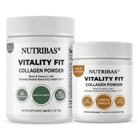 Nutribas Vitamin C Collagen Peptides Powder Keto & Gluten-Free, Hair Nails Skin Protein Supplement, Lemon Ginger (3.53 oz)/Unflavored (5.3 oz)