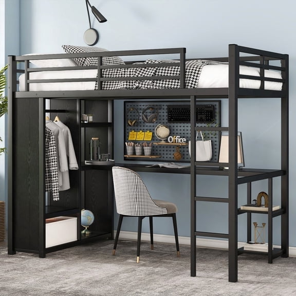 Metal Loft Bed in Black with Twin XL Size & Built-in Wardrobe, Storage Shelves