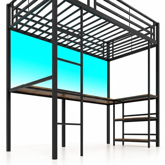 Furnibear Twin Size Loft Bed with Desk and 2 Storage Shelves for Teens Dorm Bedroom, Metal Loft Bed Frame with LED Lights and Ladder, Black
