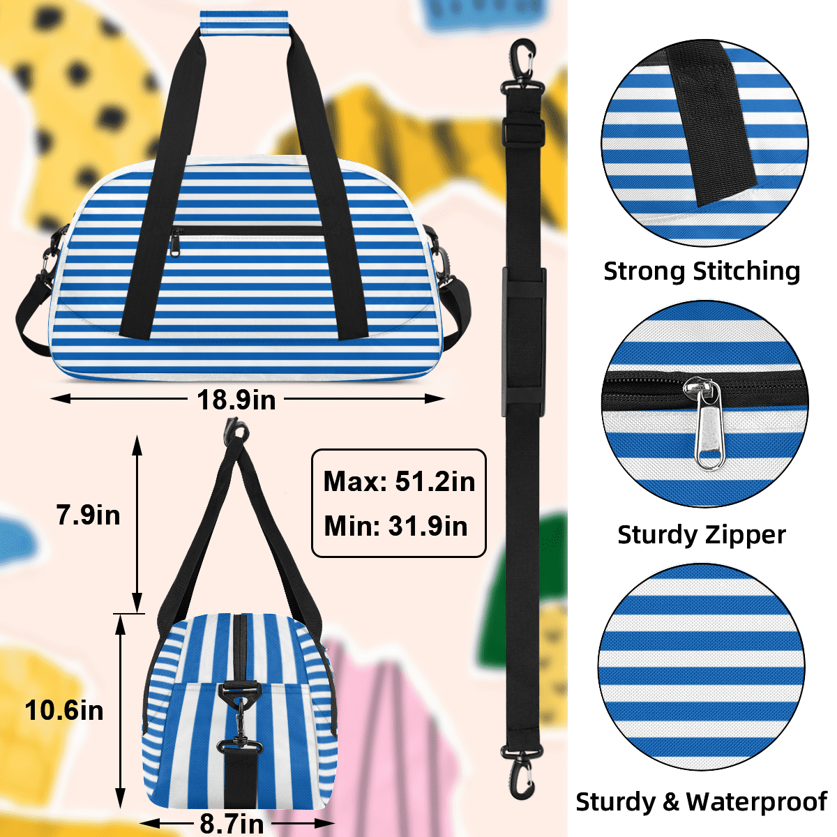 Herdesigns Blue Striped Sports Duffle Bag for Women & Men, Gym Bag Dance Bag Overnight Bag Carry On Weekender Travel Bag