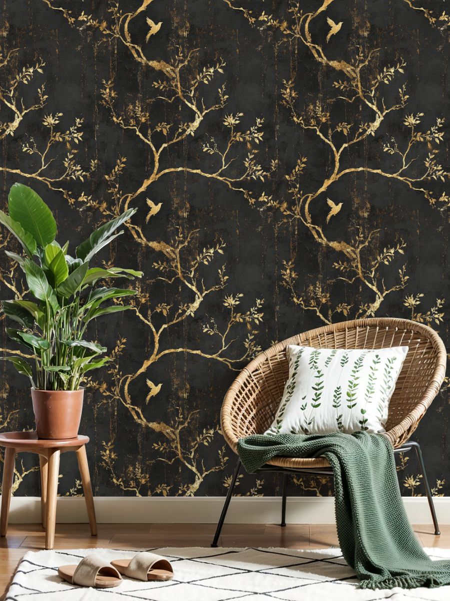 Modern Peel and Stick Wallpaper 23.6in x 9.8ft Golden Floral Branches Bird Black Contact Paper Vinyl Waterproof Self Adhesive Wall Paper for Bedroom Shelf Cabinet Renter Friendly