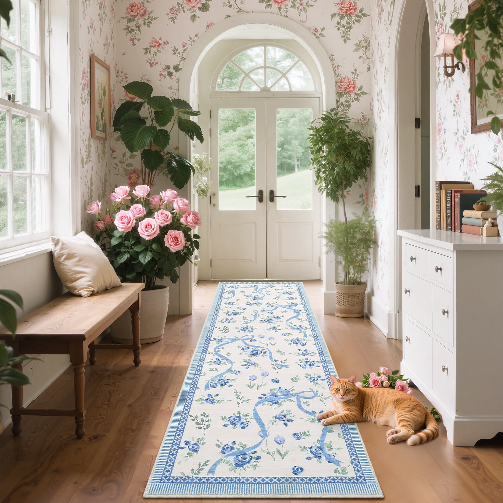 Hasoo 2'x 6' Floral Throw Rug Modern Indoor Carpet Soft Non Slip Runner for Bathroom Entryway Dorm, Beige Blue