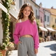 thumbnail image 2 of Girls Off Shoulder Sweatshirt Asymmetrical Long Sleeve Cute Crop Top for Kids, 2 of 5