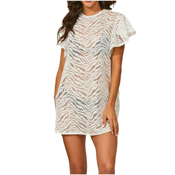 fatyb Women's Bathing Suit Cover up Mesh Ruffle Short Sleeve Beach Coverups See Through Bikini Mini Dress
