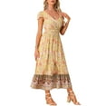 thumbnail image 4 of INSPIRE CHIC Floral Smocked Waist Summer Midi Dress for Women's Short Sleeves V Neck Long Boho Dress Yellow XL, 4 of 5