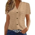 thumbnail image 2 of Fartey Button Down Shirts for Women Summer Hollow Out Eyelet Tunic Tops Dressy Casual V Neck Short Sleeve Tshirts Solid Color Going Out Blouses 2025 Khaki XXL, 2 of 5