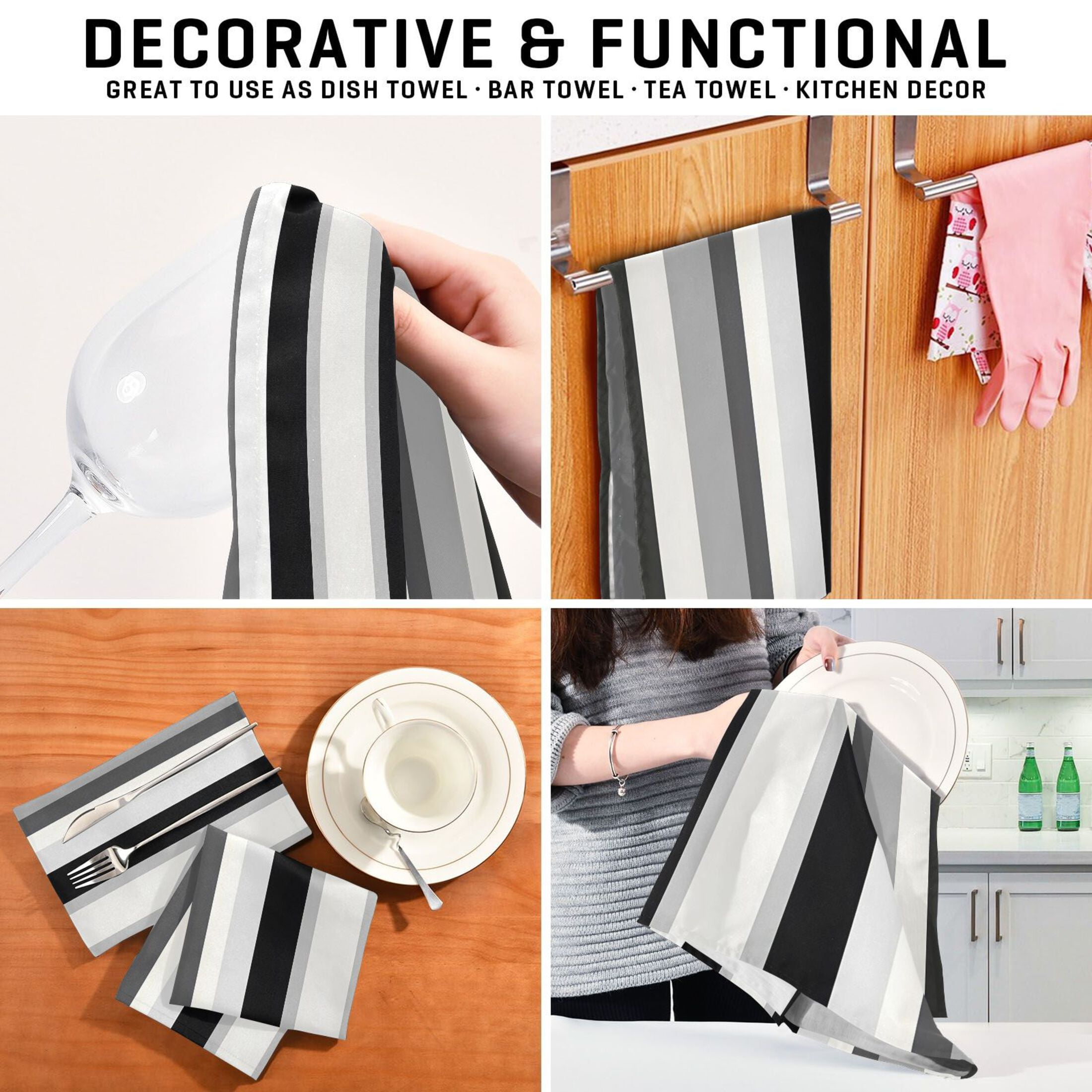 Black White and Gray Stripes Kitchen Towels 6-Piece Pack Tea Towels for Kitchen Decorative Waffle Design 28x18in