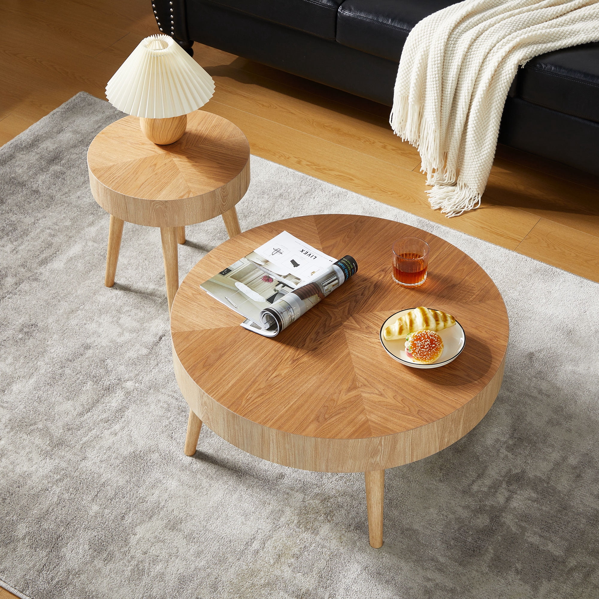 YOCWO 2-Piece Modern Round Coffee Table Set for Living Room, Faux Wood End Table, Natural, 29.13" D * 14.17" H, 15.75" D * 17.71" H
