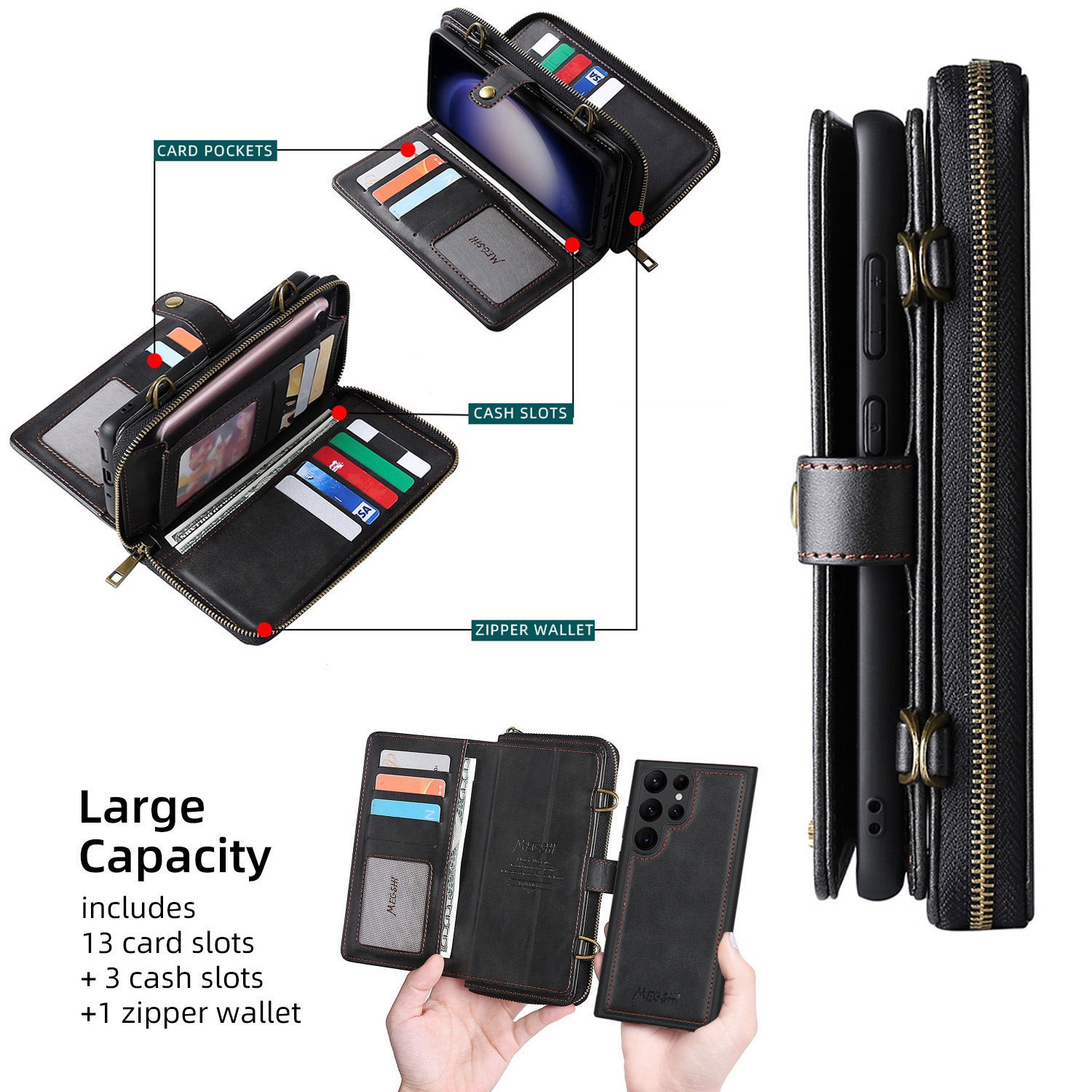 ShieldFlex Wallet Case Compatible with Samsung Galaxy S25 Ultra 5G,13-Card Holder Soft PU Leather Crossbody Wallet Zipper Pocket Magnetic Detachable Phone Cover Fit for Galaxy S25 Ultra,Black (3 IN 1)