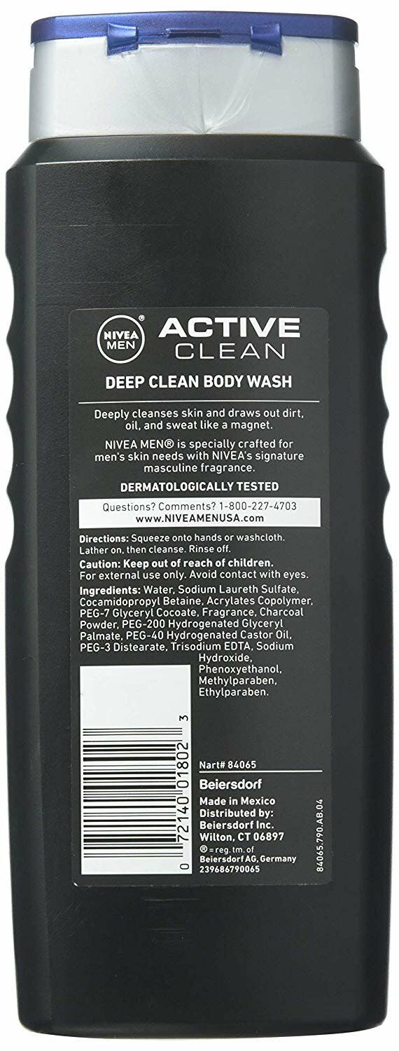 NIVEA FOR MEN Body Wash Active Clean 16.9oz Pack of 2