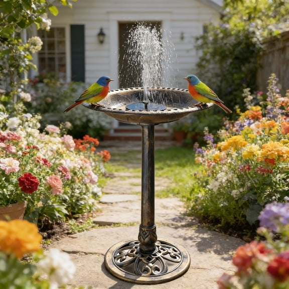 Ktaxon Round Solar Fountain Bird Bath, 20in Resin Garden Decor for Outdoors, Weather Resistant, Bronze