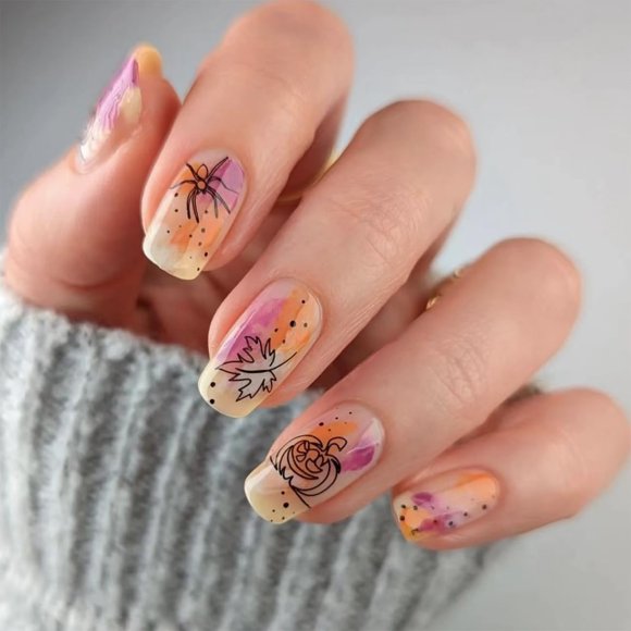 Uñas postizas acrílicas BSBTBZ de otoño con calabaza y hoja de arce