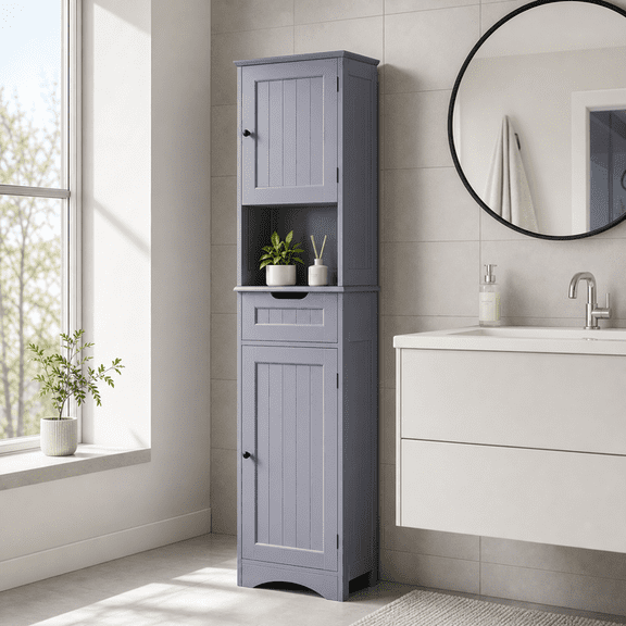 Aiho 67 " Bathroom Storage Cabinet with Adjustable Shelves, Kitchen Pantry with Drawer and Doors for Bathroom, Freestanding - White