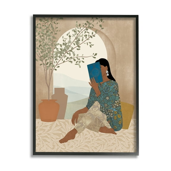 Stupell Industries Boho Woman Reading Botanical & Floral Painting Black Framed Art Print Wall Art, 11 x 14