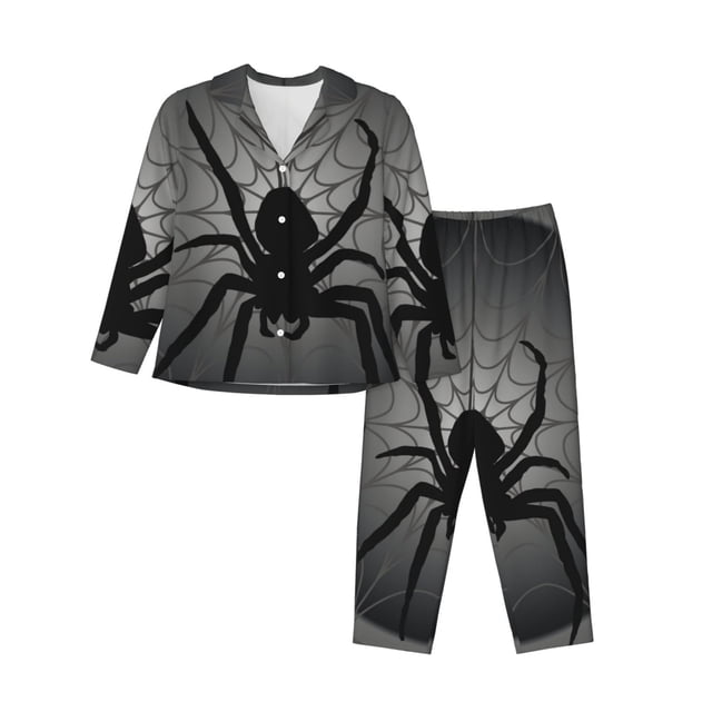 Balery Black Spiders Conjunto de Pijama con Estampado para Mujer, Conjunto de Dos Piezas con Manga Larga, Ropa de Dormir Suave con Bolsillos, Pijamas Cómodos-X-Large