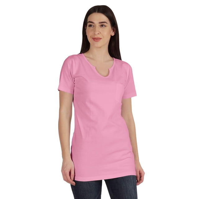 Inkmeso Long Length Notch Neck Top For Women Basic Cotton Tee Shirt w/ Pocket Patch Legging Top