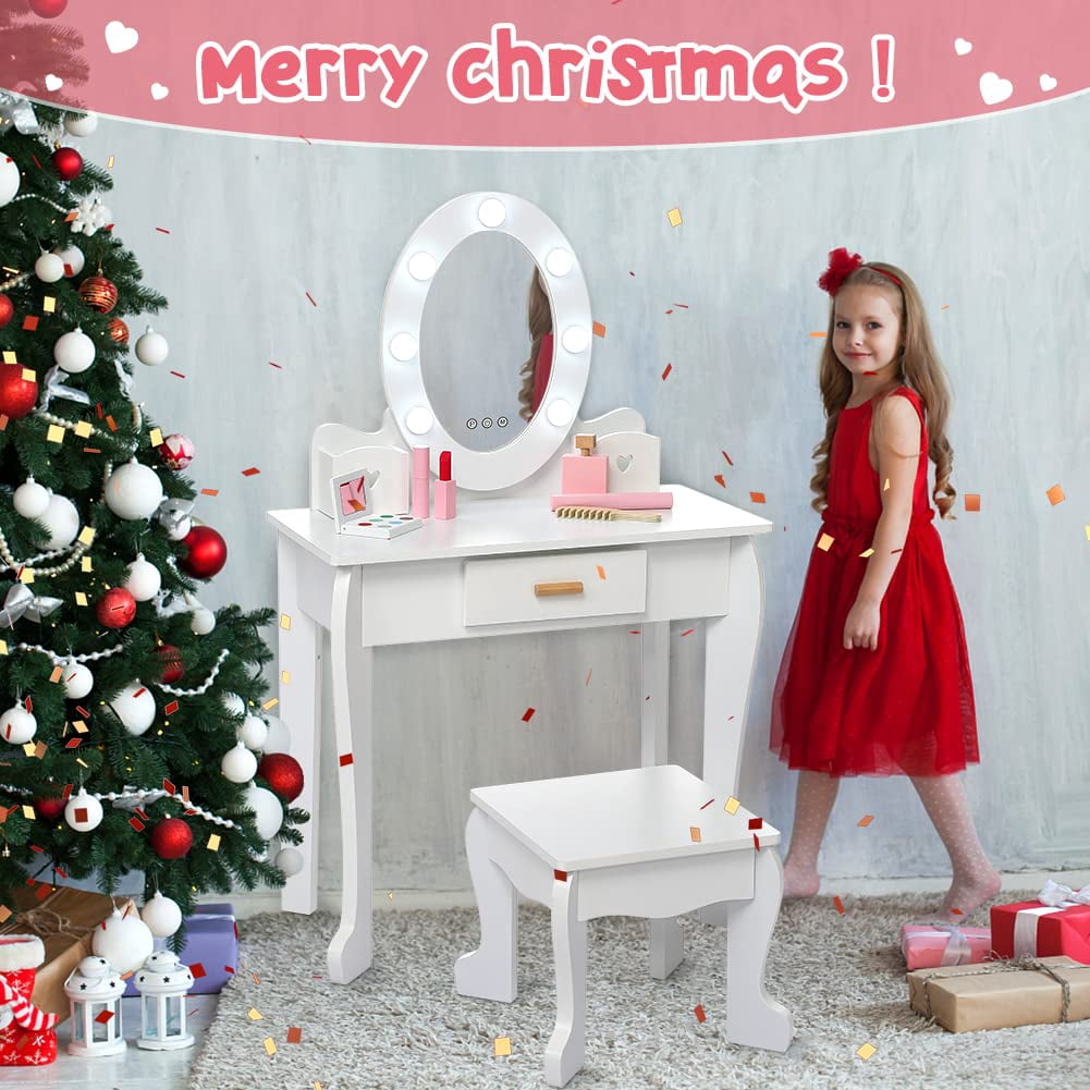 TROPOW Kids Vanity Set with Drawer and Stool, Girls Vanity Set with with Lights and Mirror for Girls, Wood Makeup Playset Birthday for Age 4-9 Years, White