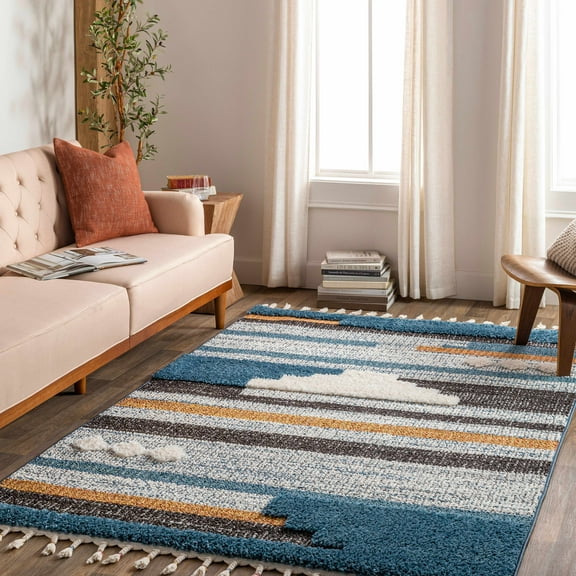 BoutiqueRugs Rosslare Bohemian, Transitional Area Rug - Blue, OffWhite, Black - 18" x 18" Sample