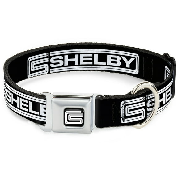 Carroll Shelby Pet Collar, Dog Collar Metal Seatbelt Buckle, Carroll Shelby CS Shelby Racing Logo Block Black White, 9.5 to 13 Inches 1.0 Inch Wide