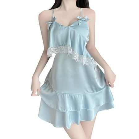 adviicd Silk Nightgown Women Lace Lingerie Front Closure V Neck Nightwear Chemise Nightie Blue XL