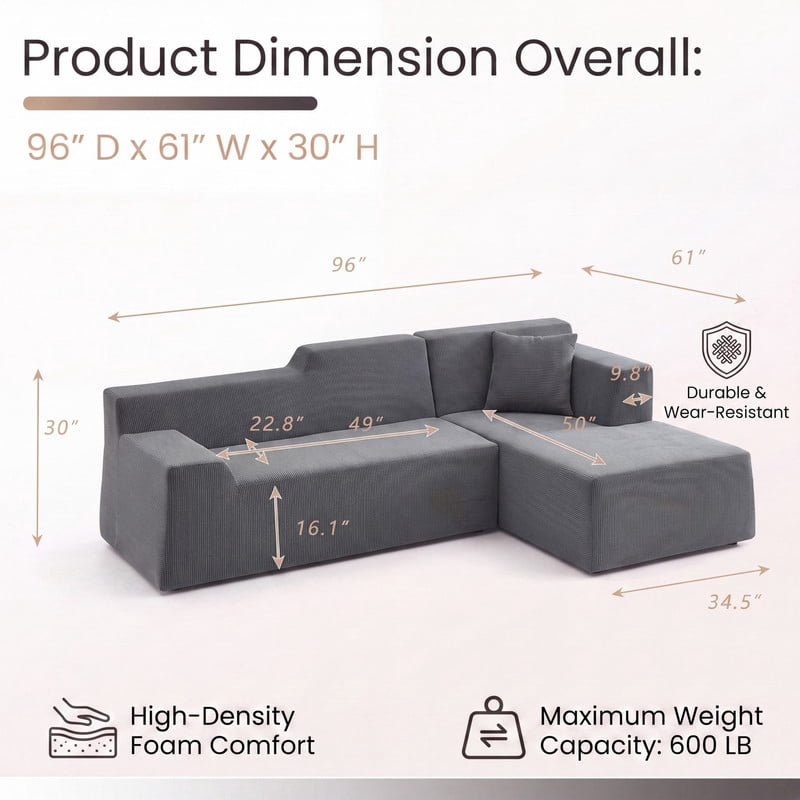 Gewnee 97" L-Shaped Sectional Sofa, Modern Corduroy Modular Sofa Couch with Deep Seat, High Back Cloud Couch, Convertible Ottoman Sectional Couch for Living Room, Black