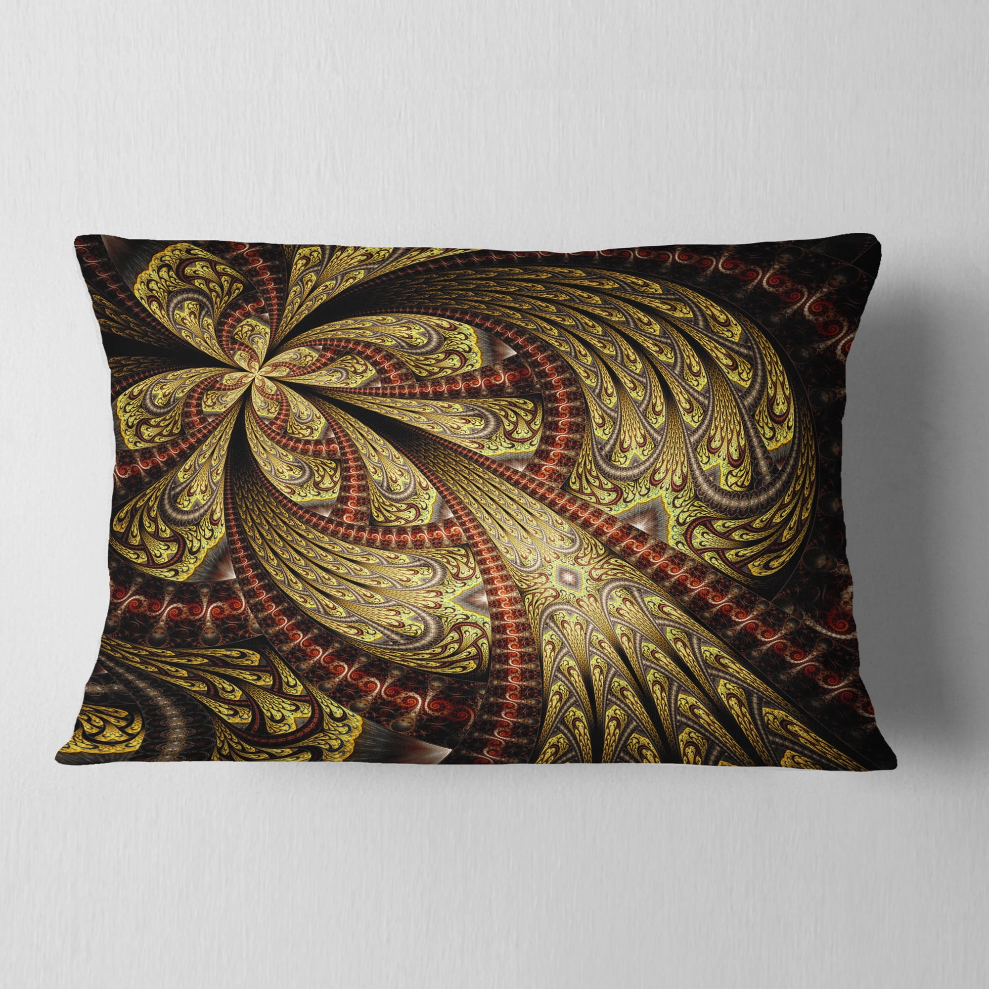 Designart 12" x 20" Contemporary and Modern Black Fractal and Flower Polyester Throw Pillow