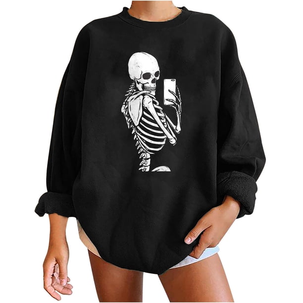 Sudadera con estampado de calavera de cuello redondo de manga larga suelta divertida vintage para mujer Fridja FKASFK3086