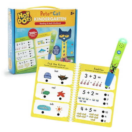 Educational Insights Hot Dots Pete The Cat Kindergarten Reading and Math Workbook with Electronic Pen, Ages 5 and up