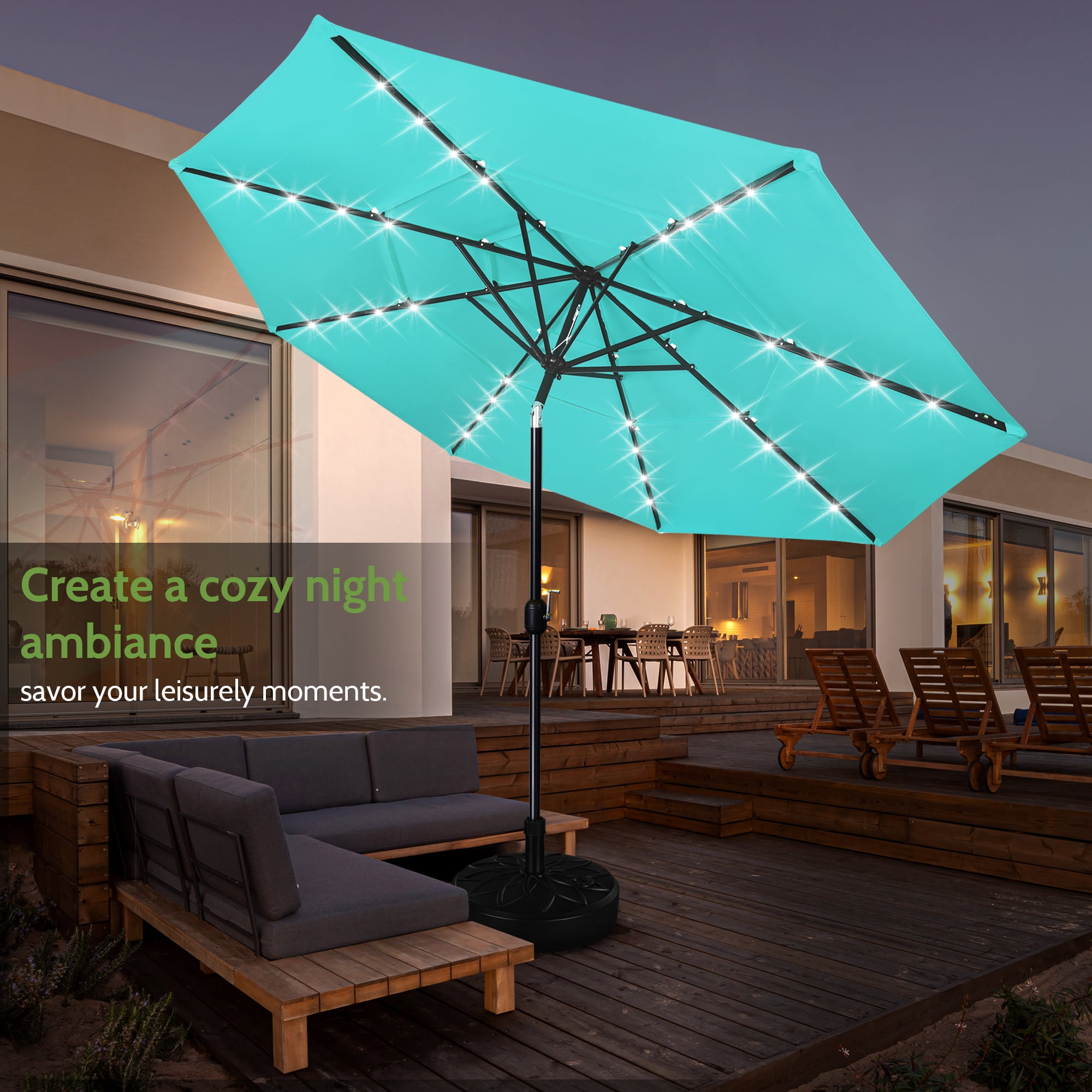 Scafild | 10ft Outdoor Patio Umbrellas with Solar Lights, 3 Tier Vented Large Market Table Umbrella with 8 Sturdy Ribs & 1.5" Pole UV Protection for Garden Deck Backyard Pool - Peacock Blue