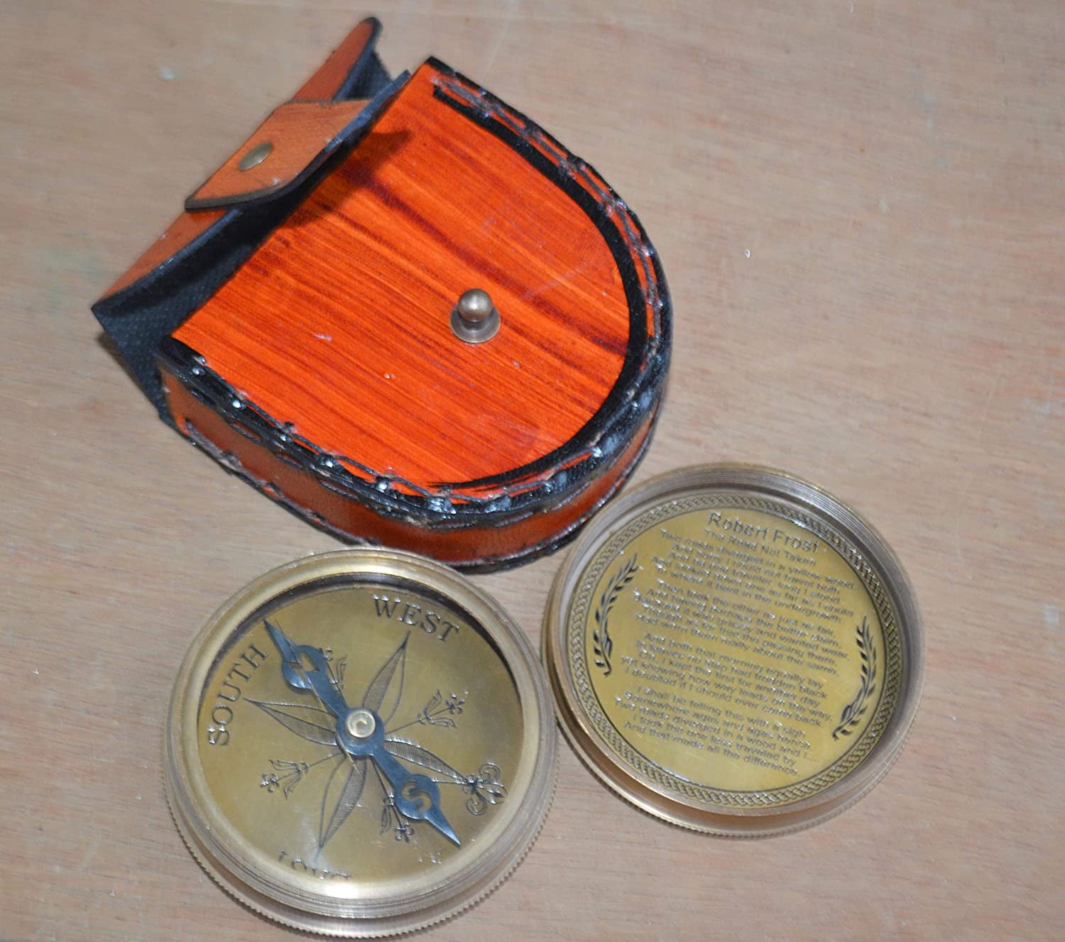 Nautical India Robert Frost 2.5" Poem Compass with Handmade Brown Leather Case