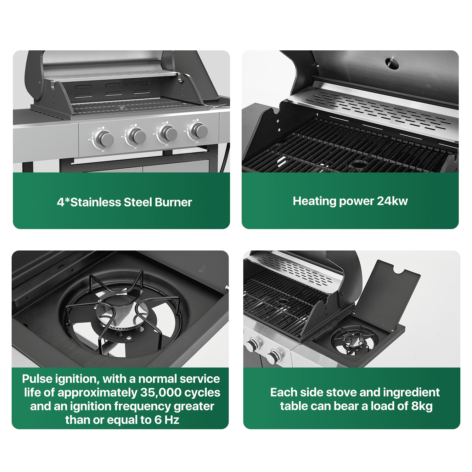 Clouddwell 4 Burner Gas Propane Grill, with 4 Casters, Side Table, and Thermometer, Patio Garden BBQ Grill Perfect for Camping, Silver