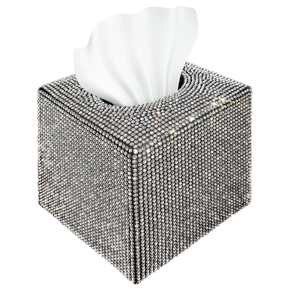 Sparkling Silver Rhinestone Tissue Box Cover – Square Leather Dispenser for Car, Bathroom, Home & Office, Elegant 5.24" x 5.24" x 5.47" Accessory
