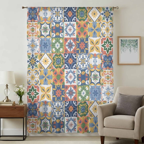 Vintage Mediterranean Sheer Curtains 84 Inches Long, Blue and Yellow Tiles Texture Light Filering Curtains, Breathable Simi Curtain Privacy Drapes for Living Room Bedroom Lightweight Window Treatment