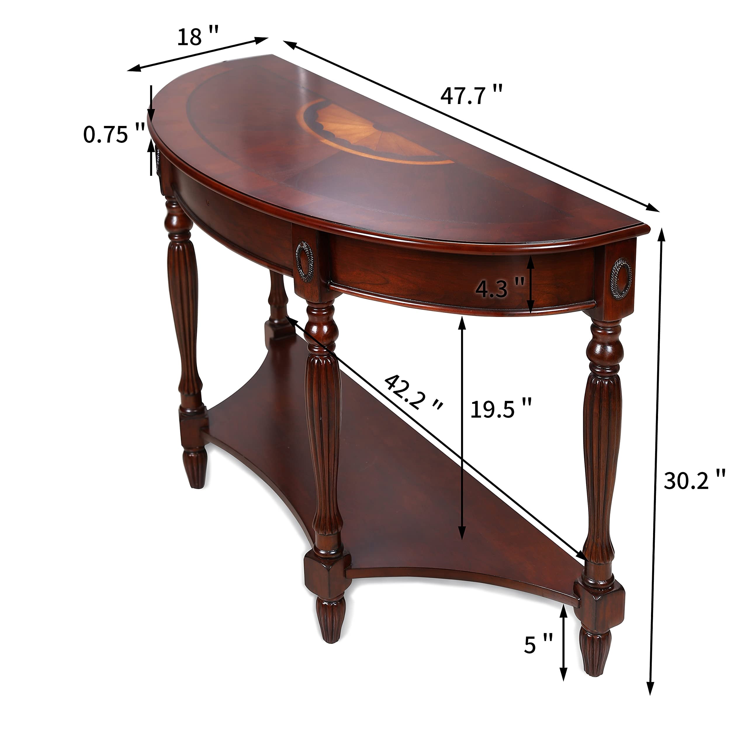 JESONVID Solid Wood Oval Console Table with Storage Shelf, Traditional Vintage Semi-Circle Entryway Table Polished Edging Half-Moon Narrow Table for Living Room Hallway, Cherry Walnut without Drawer