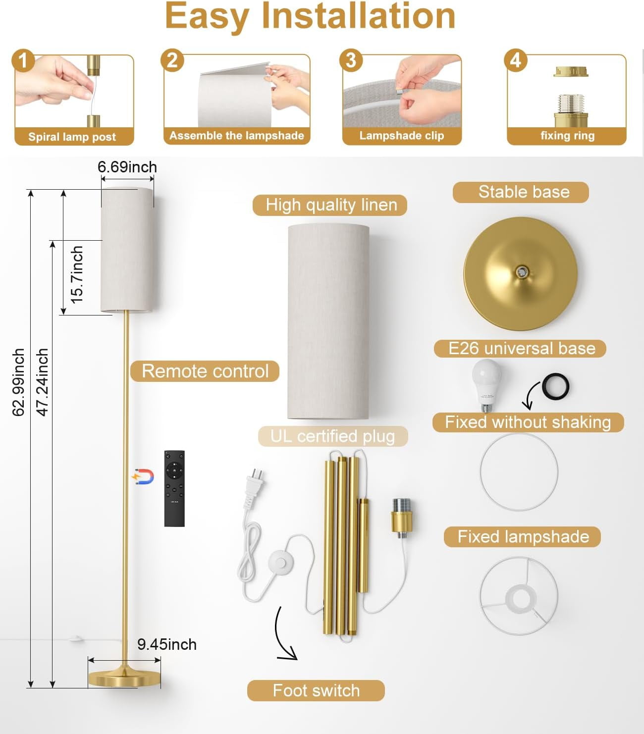 LED Floor Lamp for Living Room, Dimmable Standing Lamps with Foot Switch,Remote Custom Color Temperature Gold Pole Lamp with Lampshade,12W Led Bulb Tall Lamps for Bedroom Office Kid Room (Gold)
