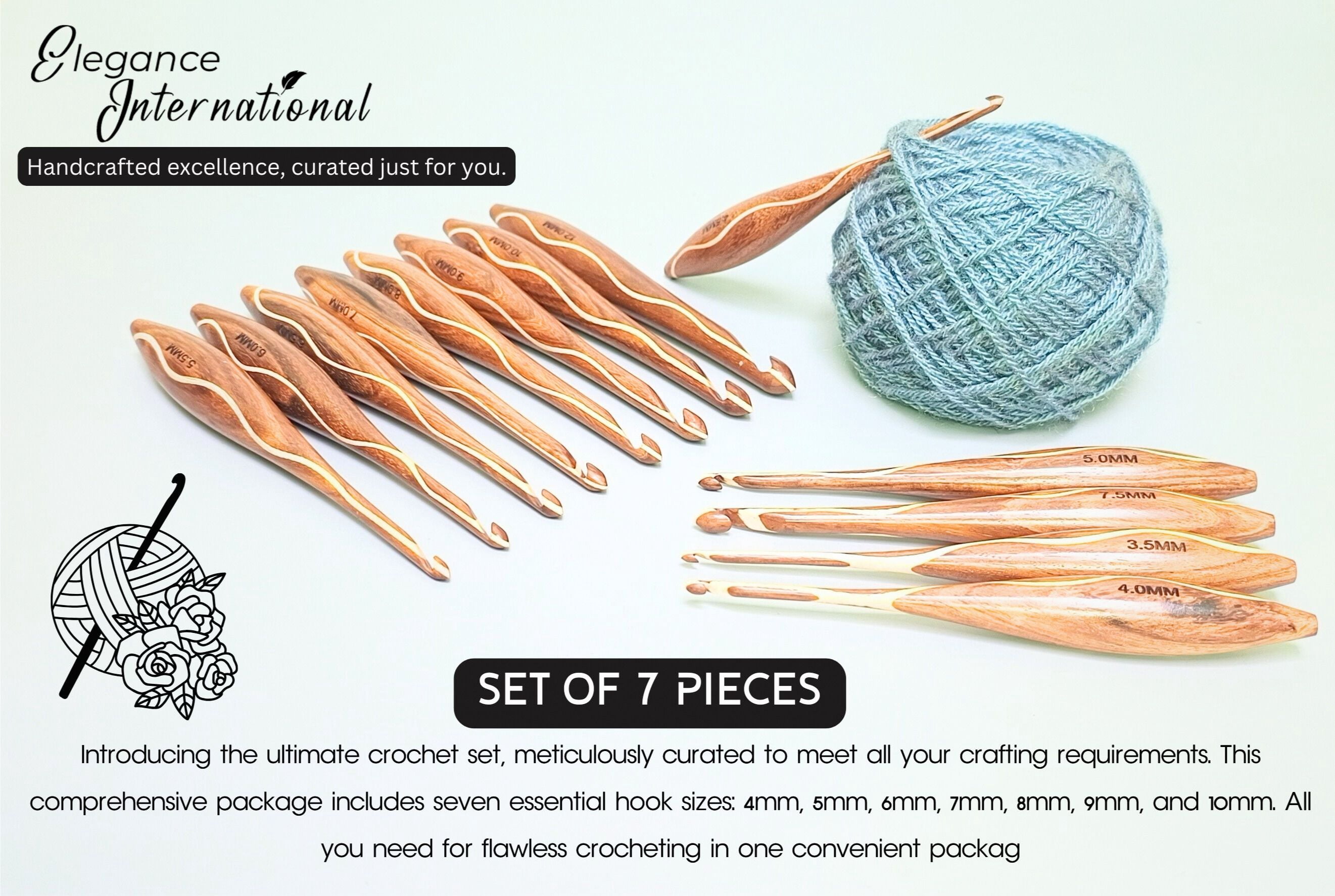 Wooden Crochet Hooks Set - 7 Sizes 4mm to 10mm - Crochet Hooks with Comfortable Grip - - Ergonomic Design for Arthritic Hands - for Crocheting, Knitting - Gifts for Her(Dsg1,Hooks, Stand, Bowl)