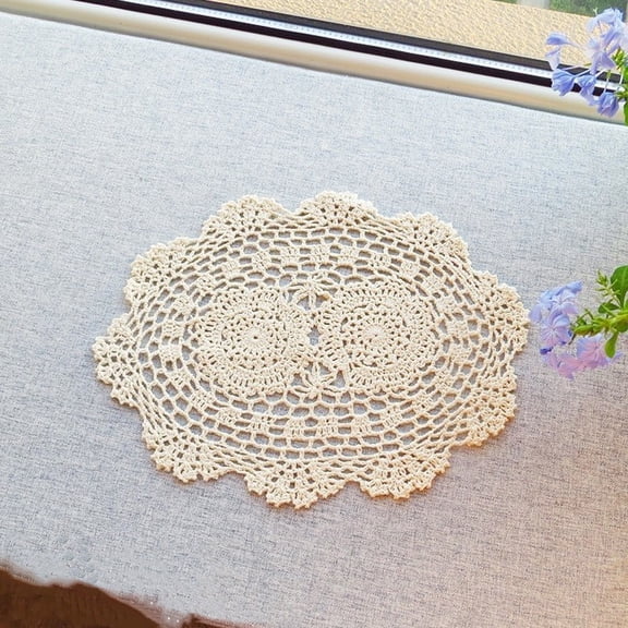 Oval Placemat Table Place Mat Vintage Hand Crochet Cotton Lace Doilies Floral Beige YIWEI