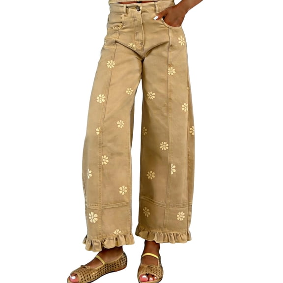 Womens Jeans Barrel Y2k Floral Printed Jeans for Women Trendy Baggy Boyfriend Wide Leg Ruffled Stretchy Denim Jeans