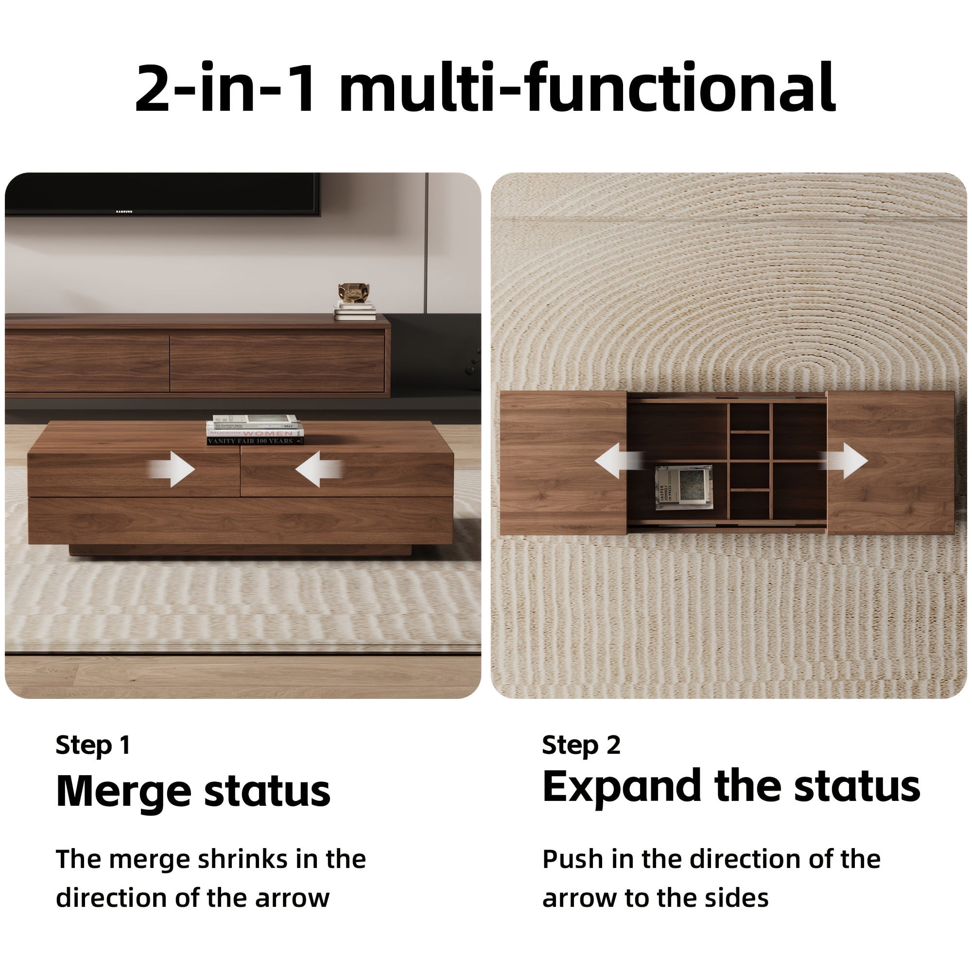 NessCarsti Mid-Century Modern Farmhouse 47.2-81.8" Expandable Coffee Table, Adjustable Center Table with Large Storage for Living Room, Walnut