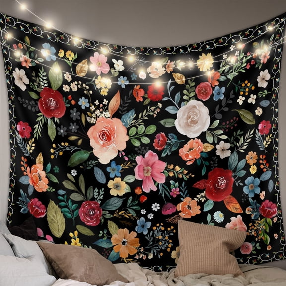 Watercolor Flowers Tapestry for Bedroom Wall Hanging Tapestry, Farmhouse Floral Vintage Black Ceiling Backdrop Tapestries Poster Blanket Wall Decor for Teens Room Living Room Dorm 39" x 59"