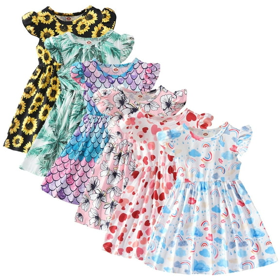 Esaierr Kids Toddler Baby Girls Dresses 18M-6Y Newborn Print Princess Dress Baby Summer Dress Ruffle Sleeve Dress Comfortable Cute Casual A-line Dress