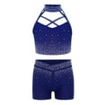 thumbnail image 3 of Mufeng Girls Gymnastics Ballet Dancewear 2Pcs Shiny Rhinestone Crop Top And Shorts Set Dance Stage Performance Outfit Navy Blue 12, 3 of 5