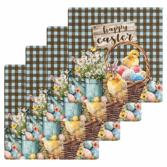 Easter Chicken Eggs Kitchen Dish Towels for Drying Dishes Set of 4, Spring Daisy Flowers Blue Brown Plaid Waffle Weave Microfiber Hand Tea Bathroom Towels Quick Dry & Absorbent Towel 12x12