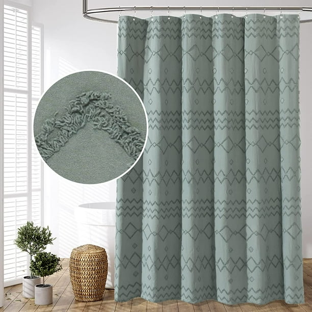 Boho Fabric Shower Curtain Green Striped Polyester Bathroom Shower