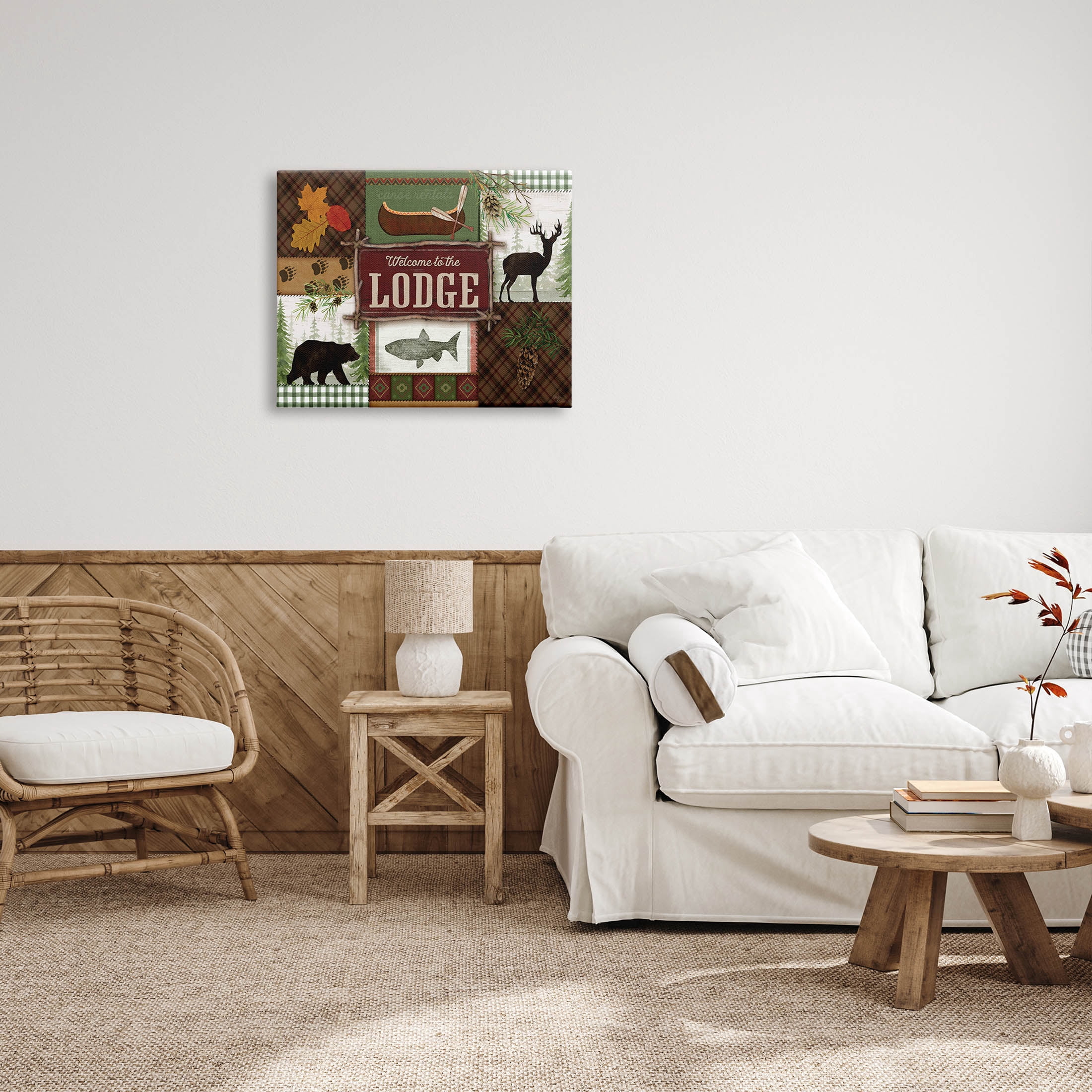 Welcome Lodge Plaid Wildlife Sign Animals & Insects Graphic Art Gallery Wrapped Canvas Print Wall Art